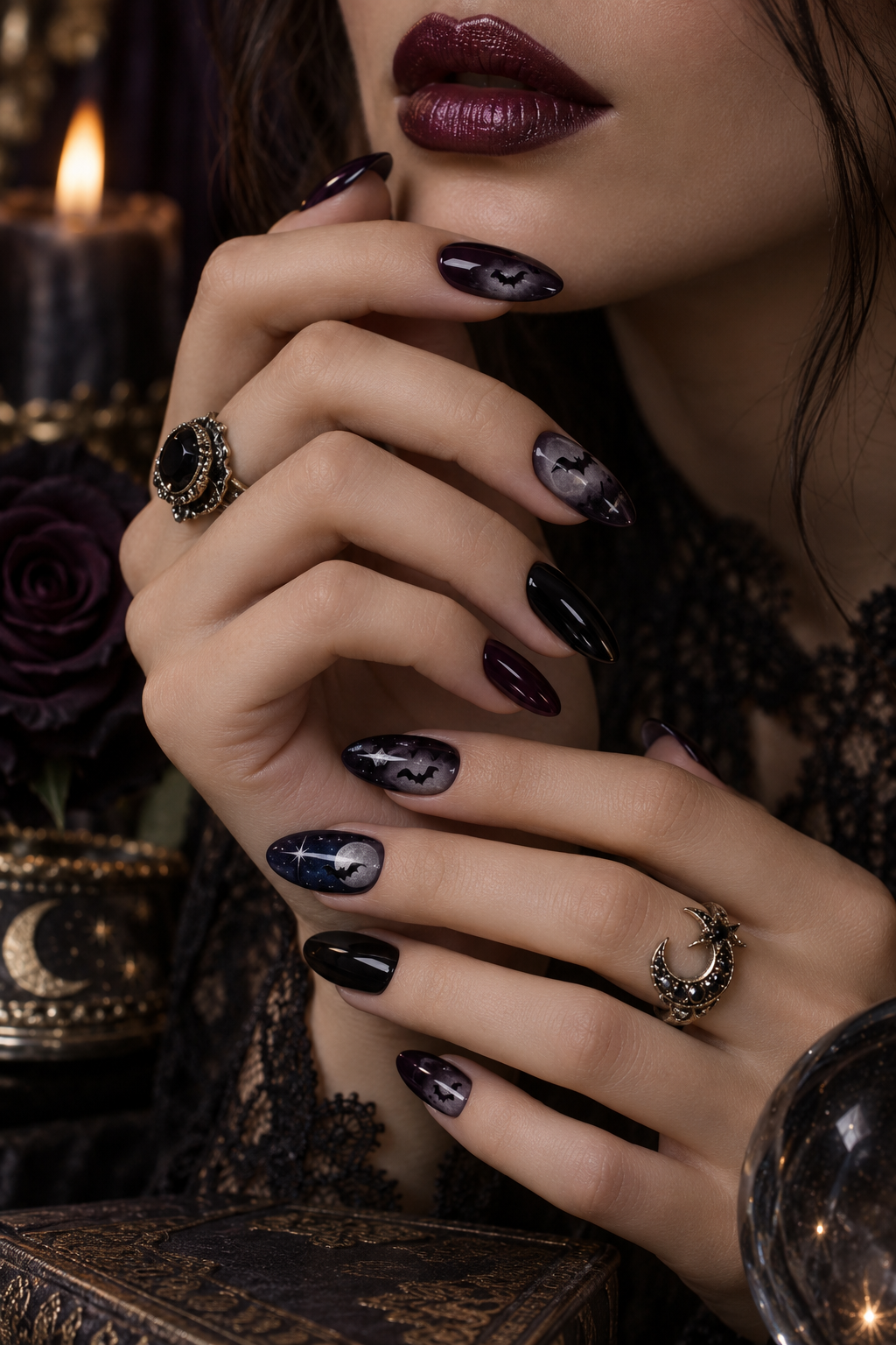 Midnight Bats witchy Halloween nails