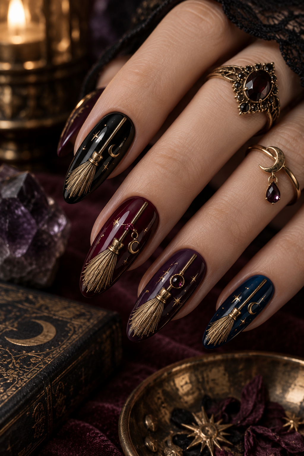 Witch’s Broom witchy Halloween nails