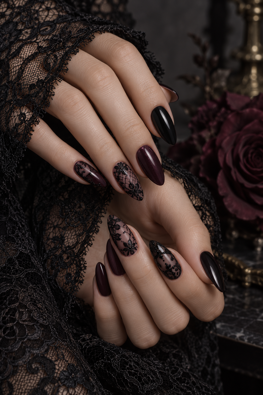 Gothic Black Lace witchy Halloween nails