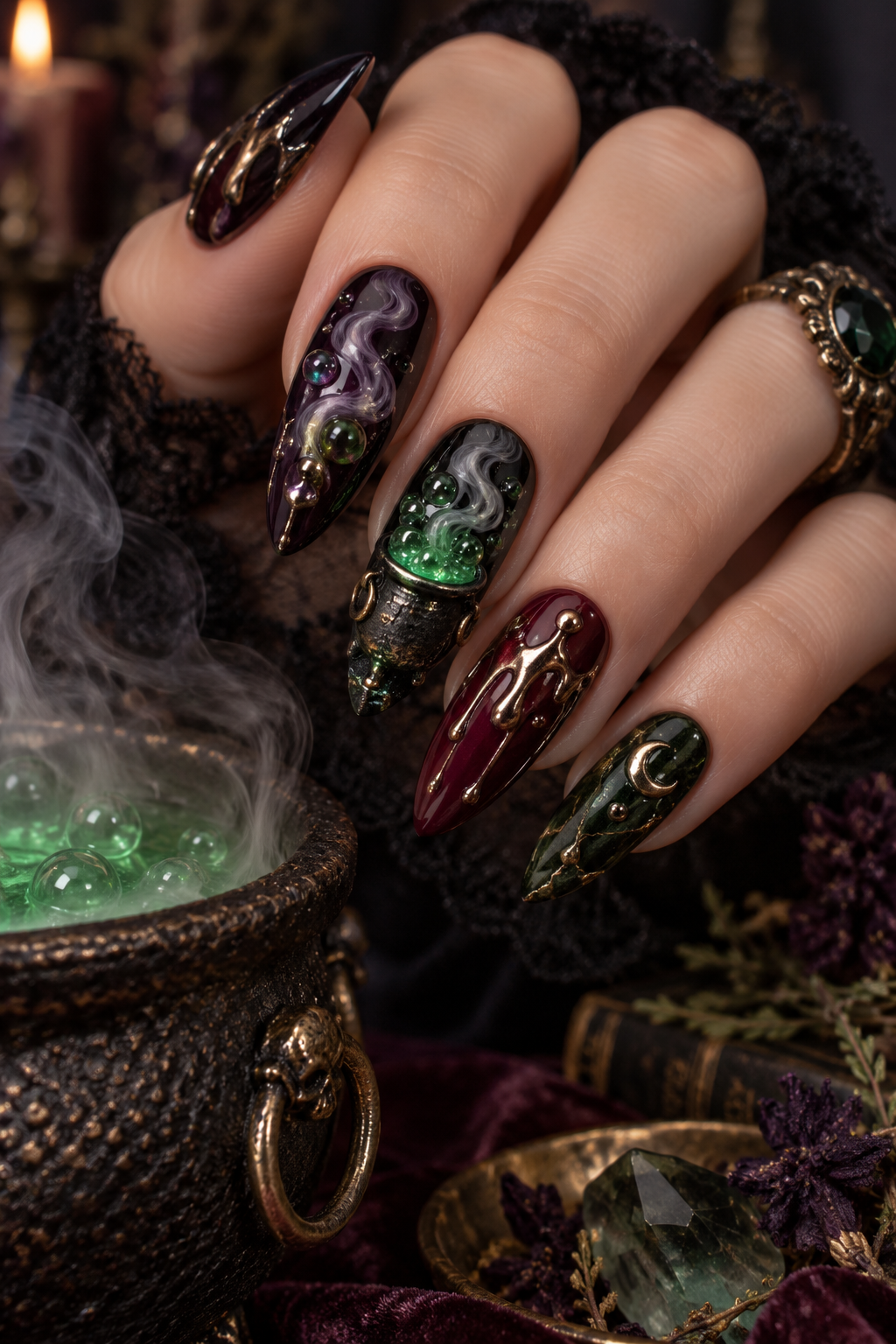 Bubbling Cauldron witchy Halloween nails
