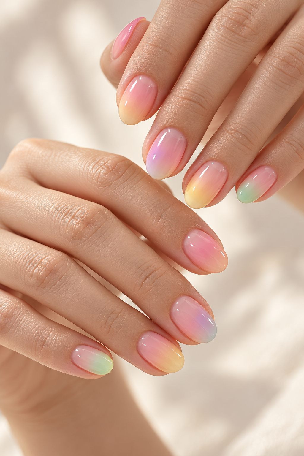 peach sparkle aura nails