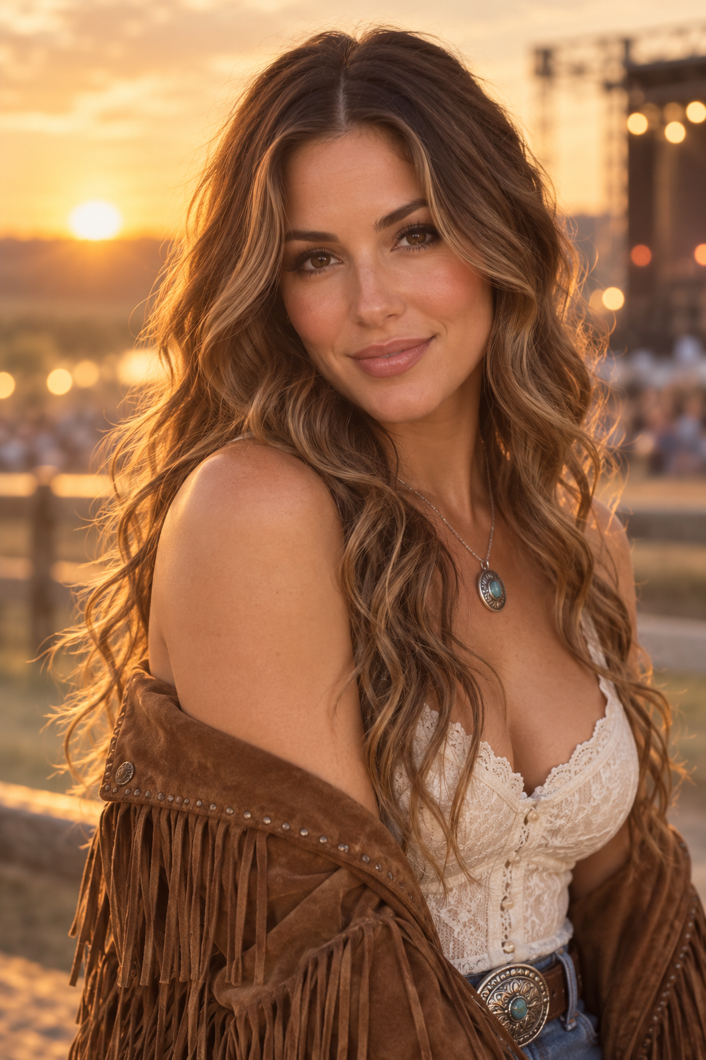 Soft curls with a center part country concert hairstyle