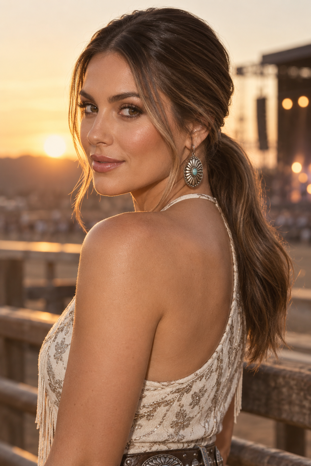 Sleek low ponytail country concert hairstyle