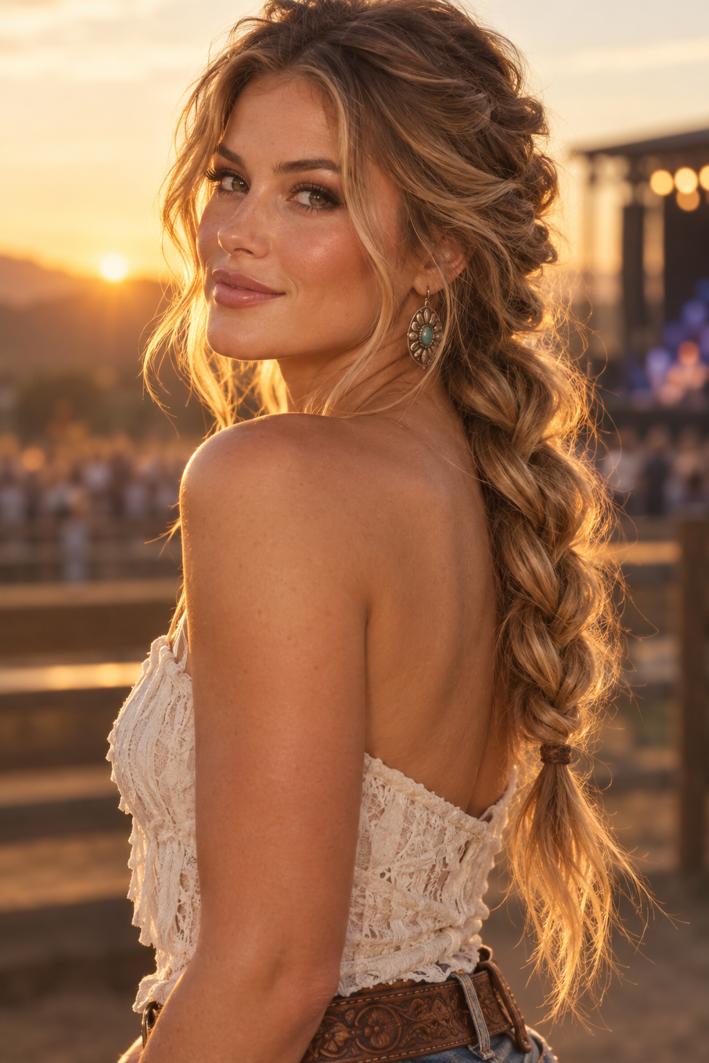 Rope braid with loose ends country concert hairstyle