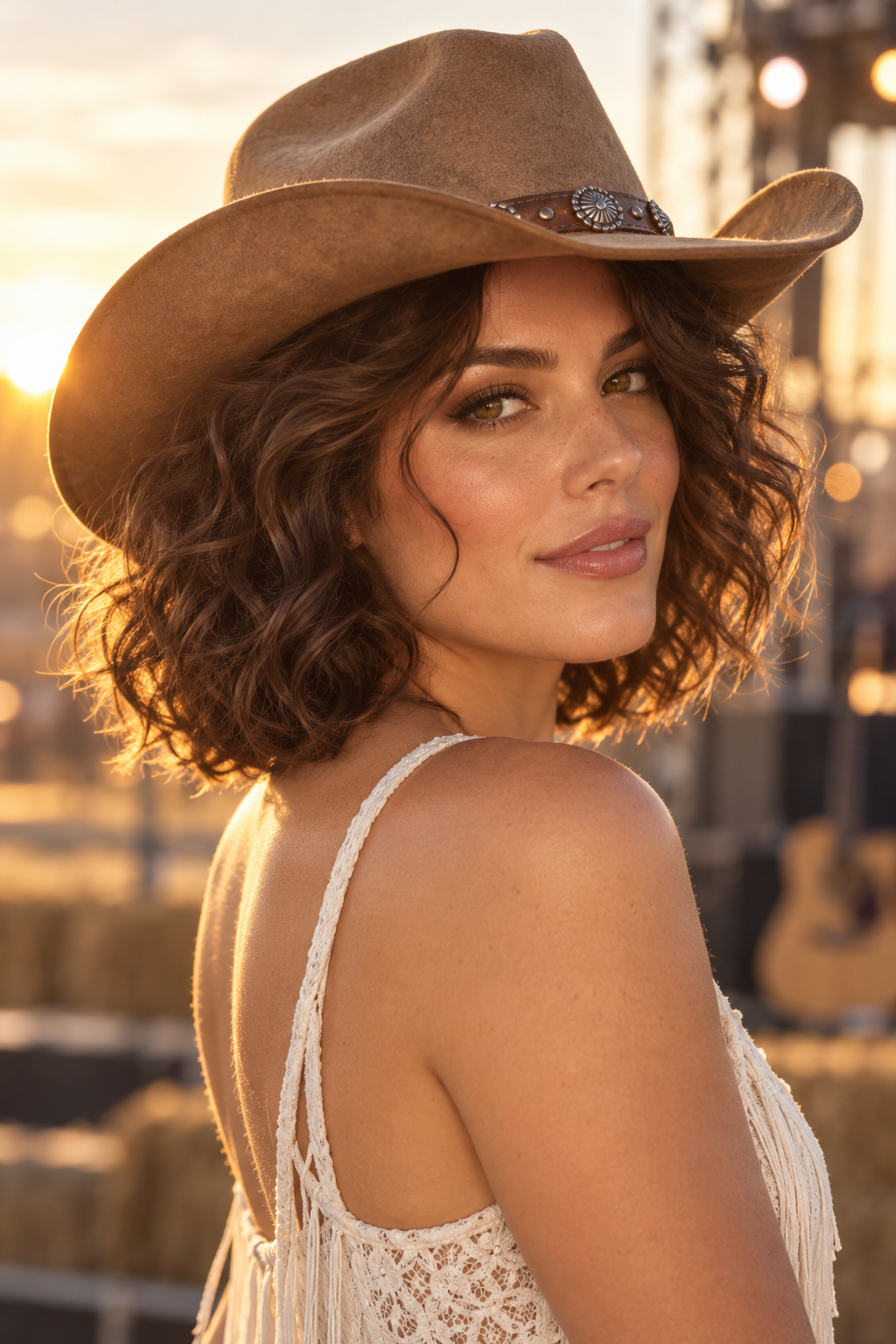 Curly bob with a hat country concert hairstyle