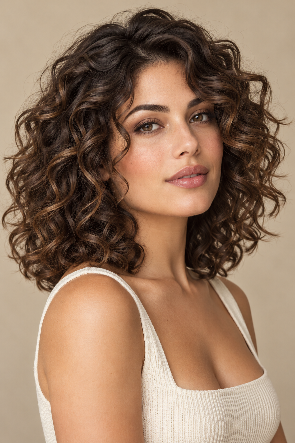 shoulder length curly hairstyles: layered curls with highlights