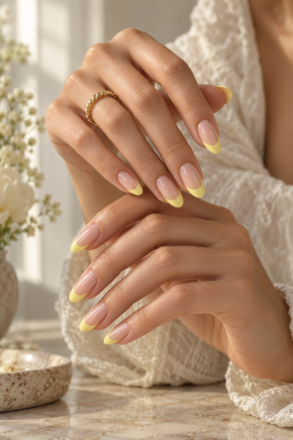 Glossy lemon yellow tips bright summer nail ideas