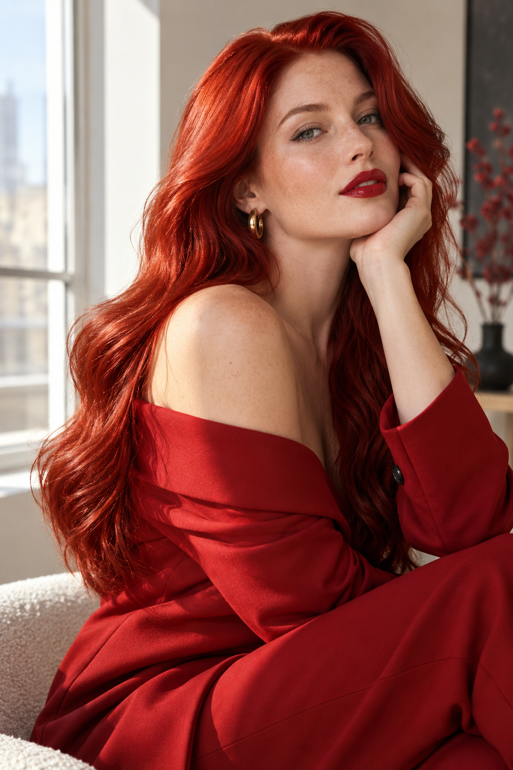 summer red hair color: cherry curls with soft bangs