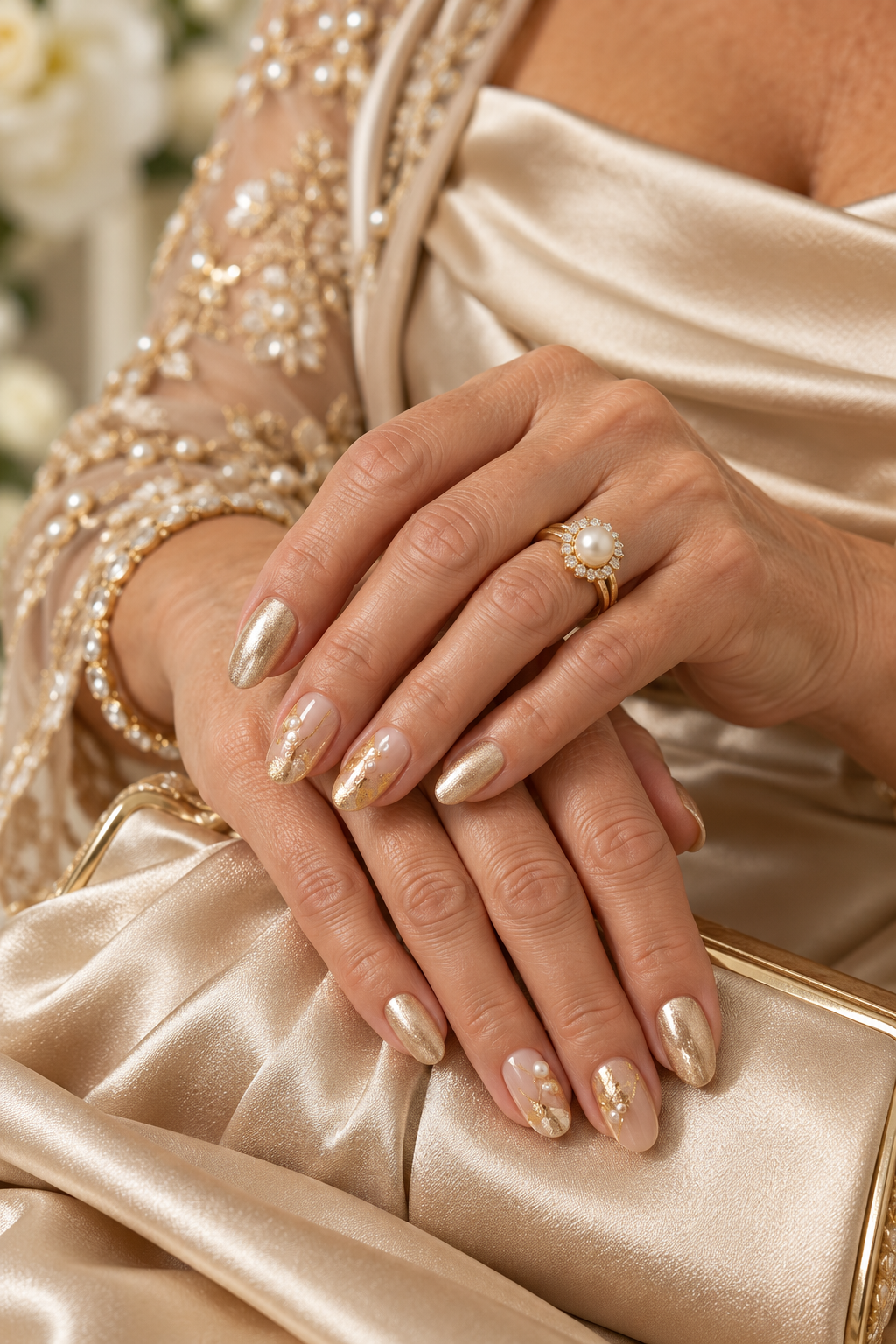 gold mother of the groom nail ideas: gold foil on sheer pink
