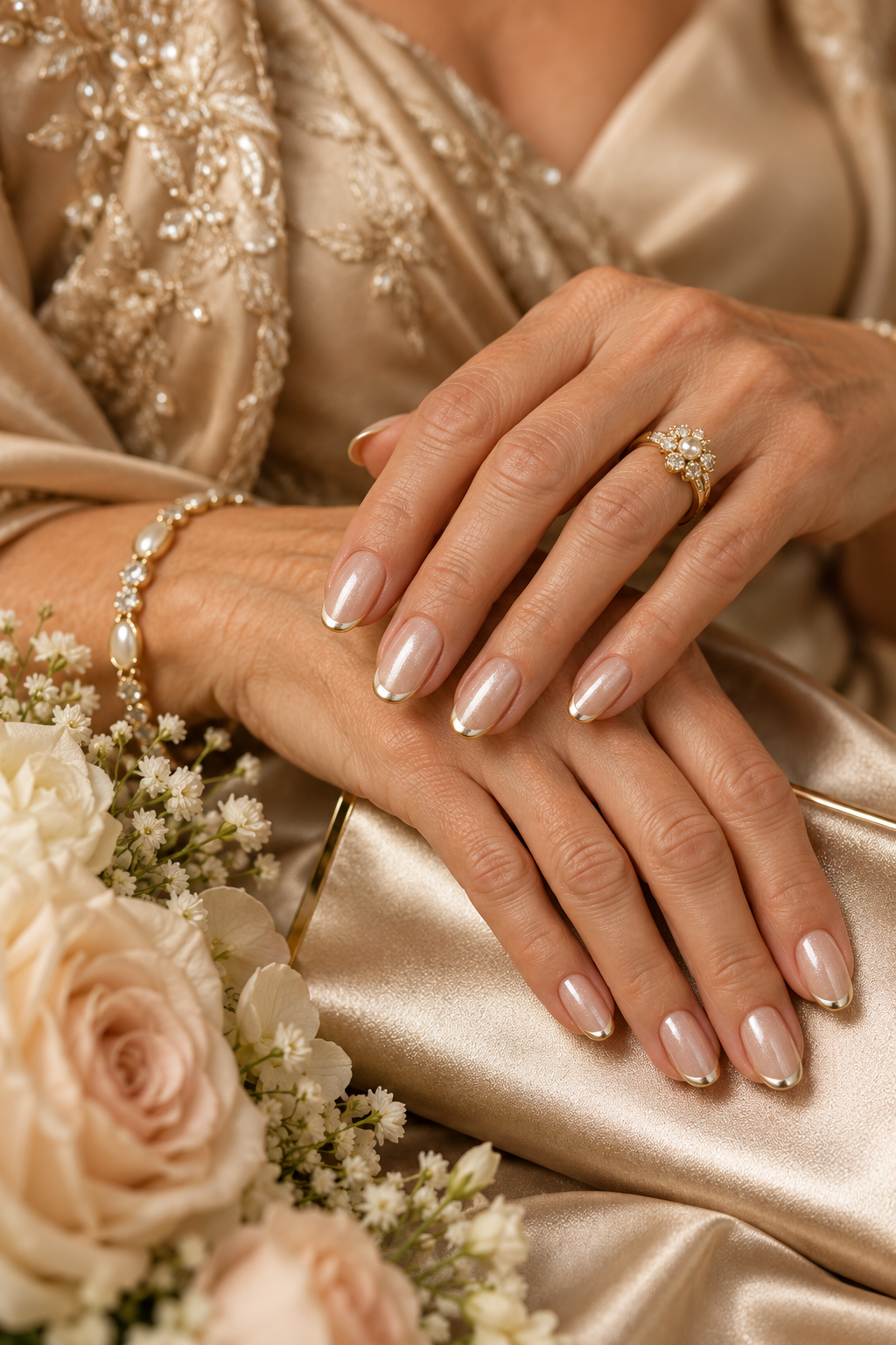 gold mother of the groom nail ideas: pale blush with gold glitter