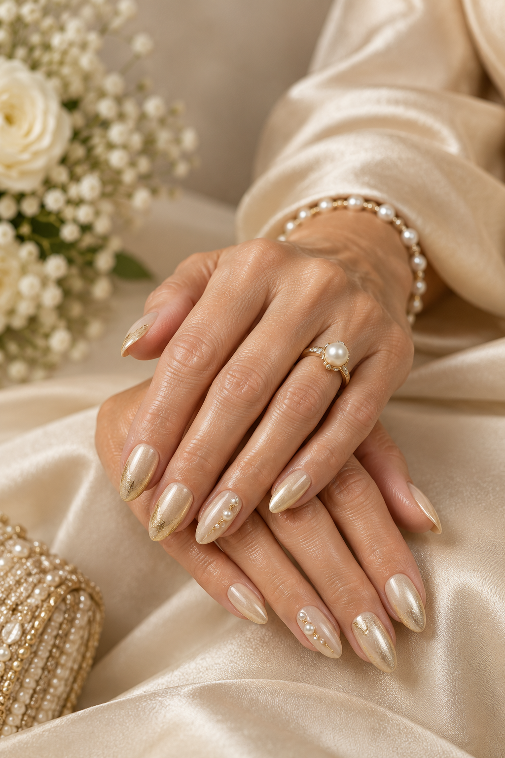 gold mother of the groom nail ideas: neutral nails with gold line art
