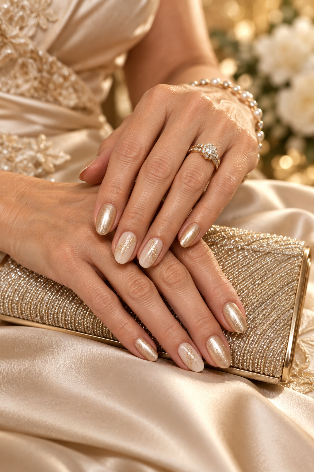 gold mother of the groom nail ideas: subtle neutral nails + gold accent