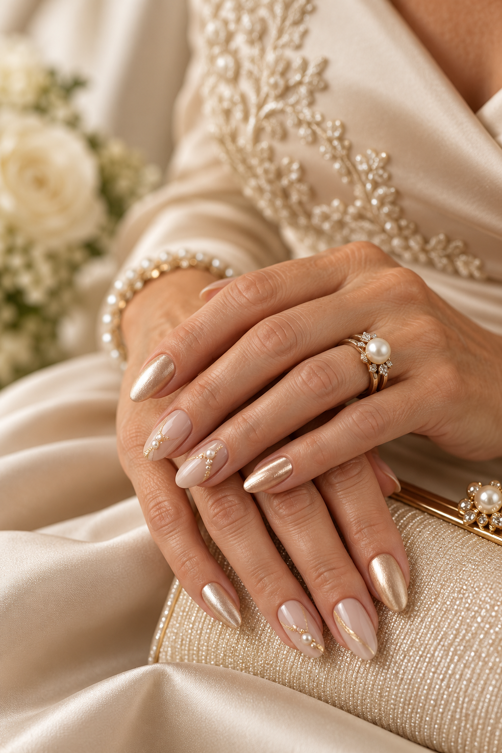 gold mother of the groom nail ideas: short nails with gold + black ombre