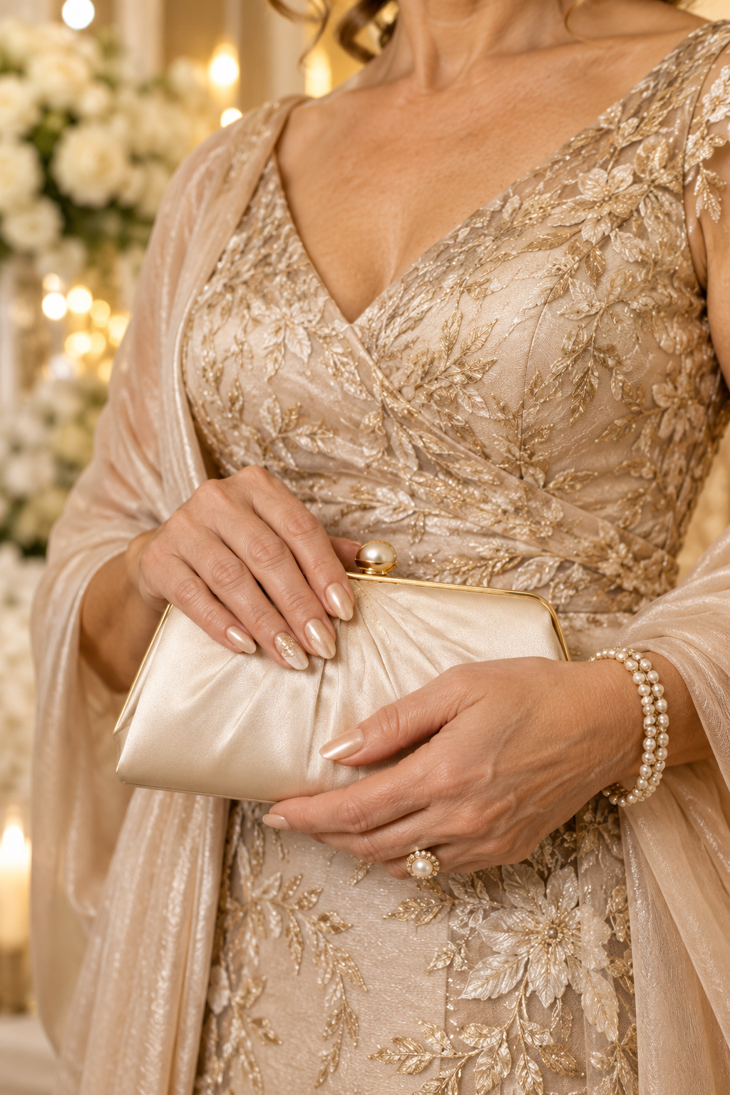 gold mother of the groom nail ideas: ivory base with gold leaf