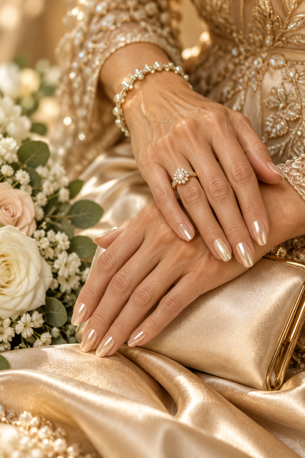 gold mother of the groom nail ideas: neutral mix with gold foil