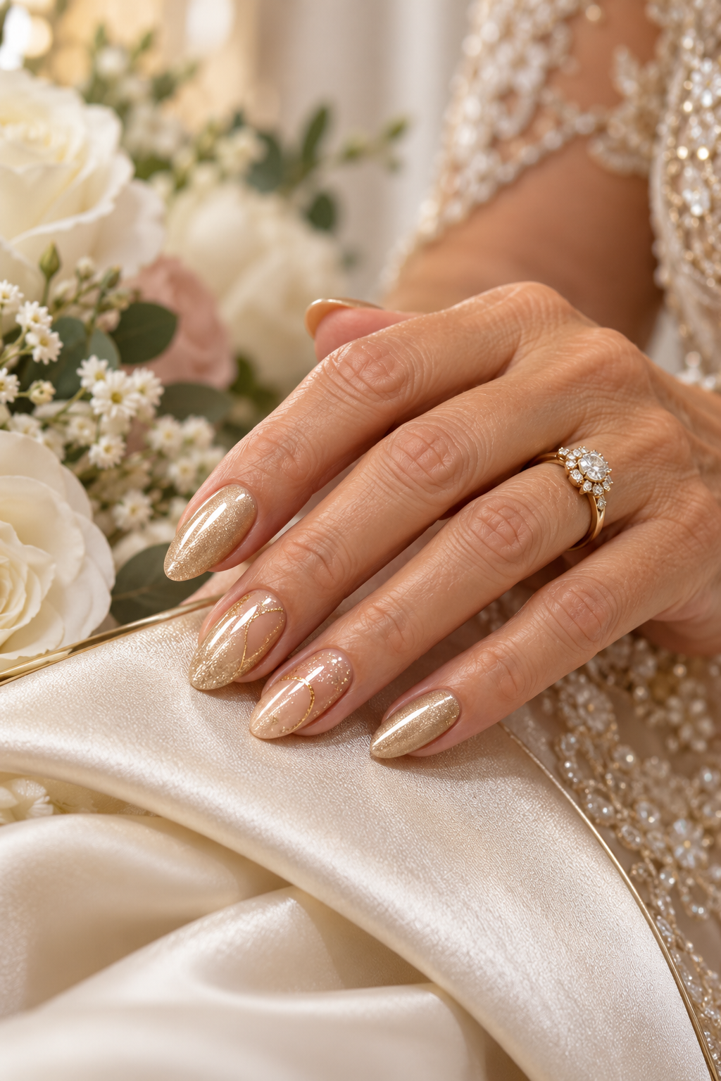 gold mother of the groom nail ideas: milky white with floating gold