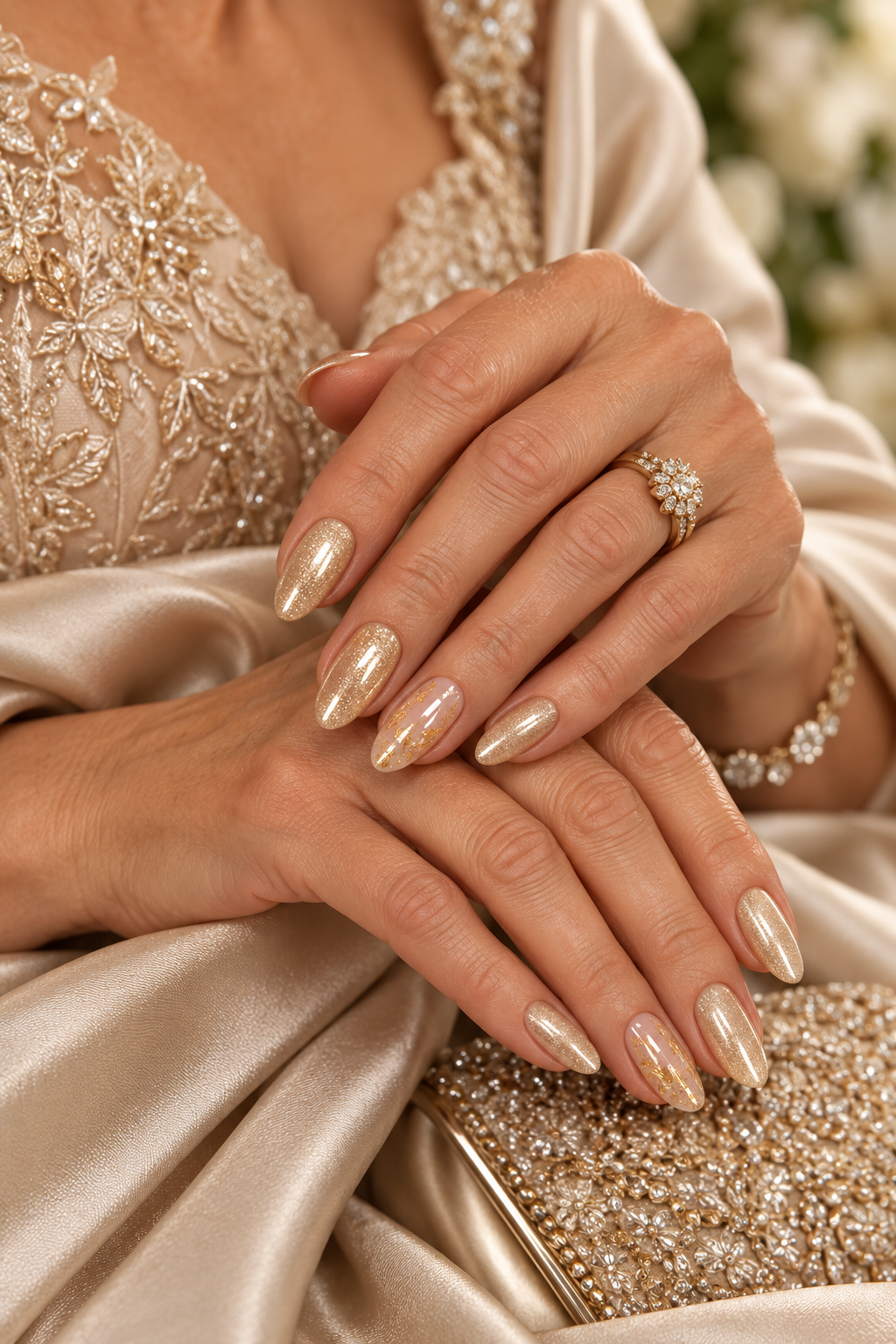 gold mother of the groom nail ideas: glossy neutral with gold striping