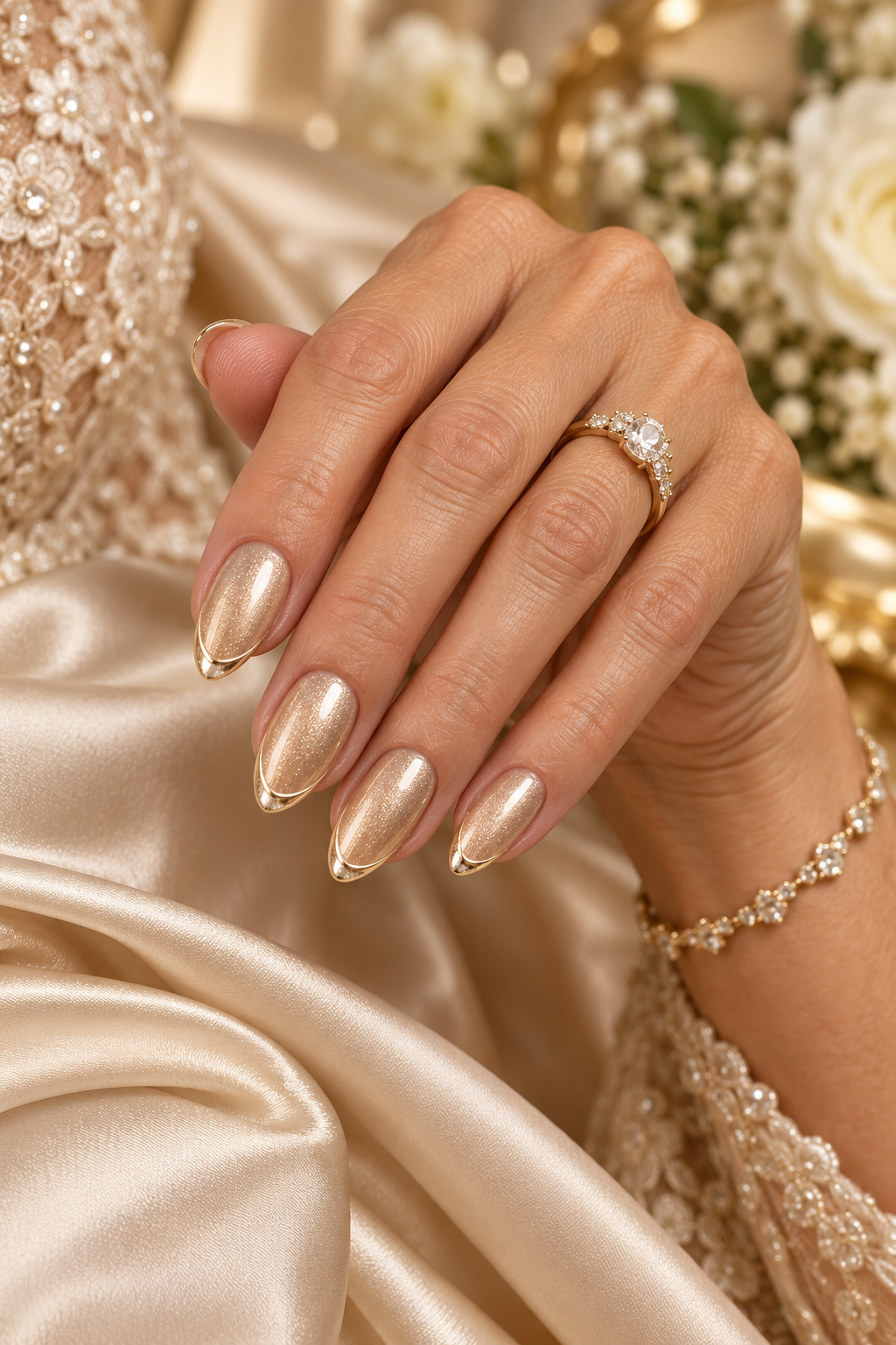 gold mother of the groom nail ideas: metallic gold accent nail with pearl