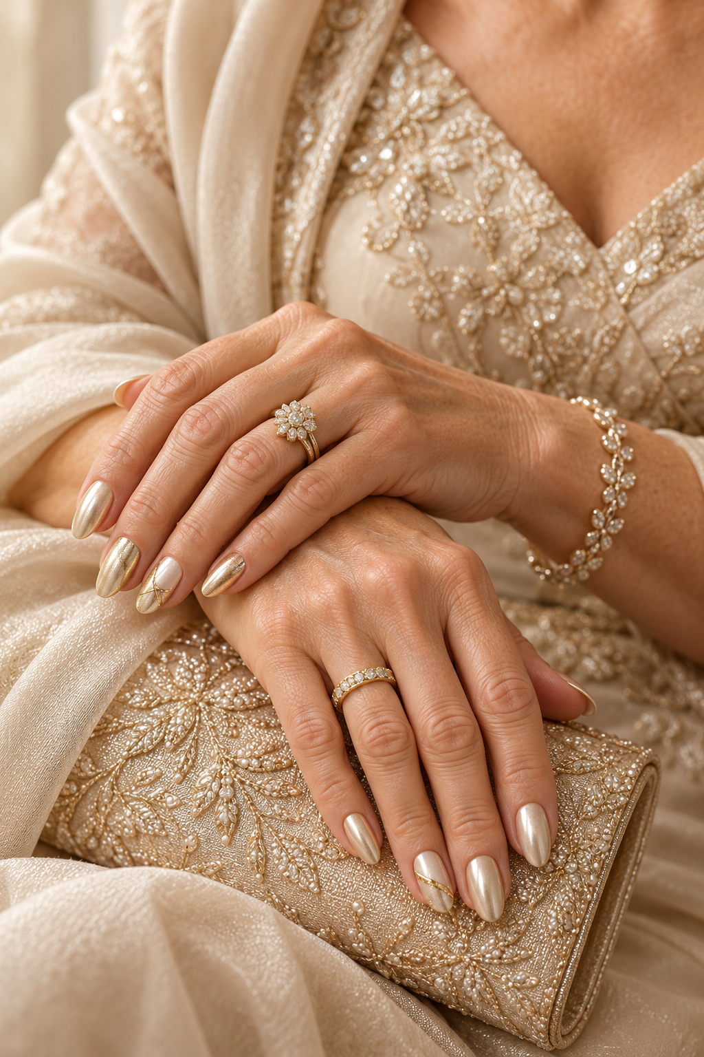 gold mother of the groom nail ideas: metallic gold accent nail with pearl