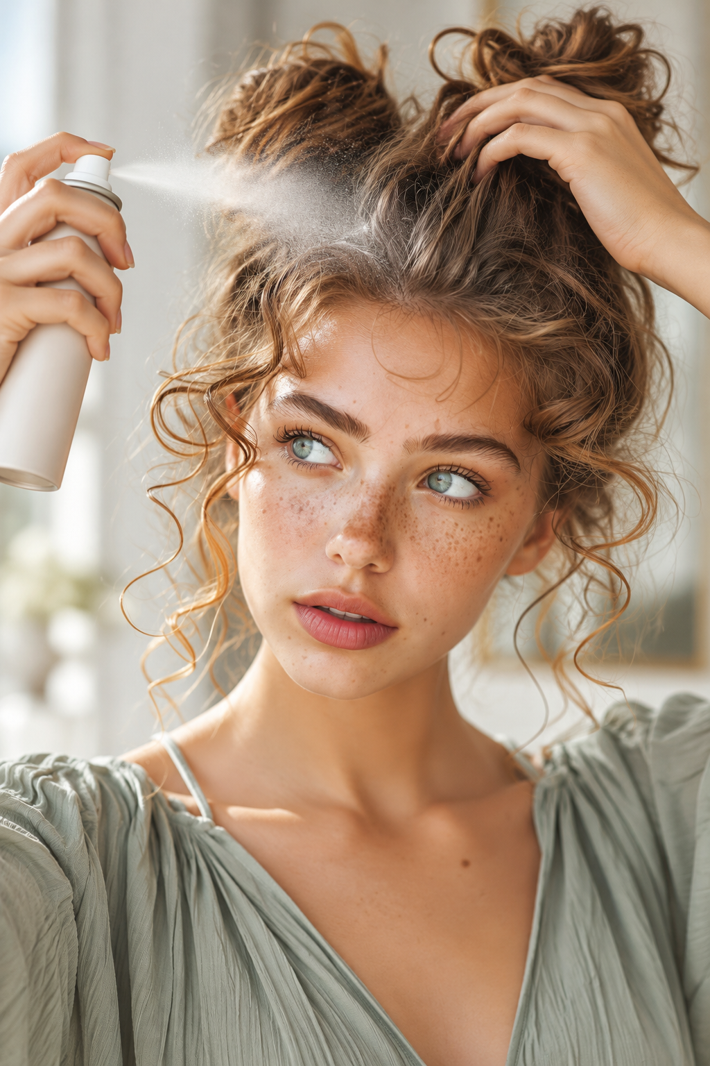 space buns hairstyle ideas: refresh roots with dry shampoo