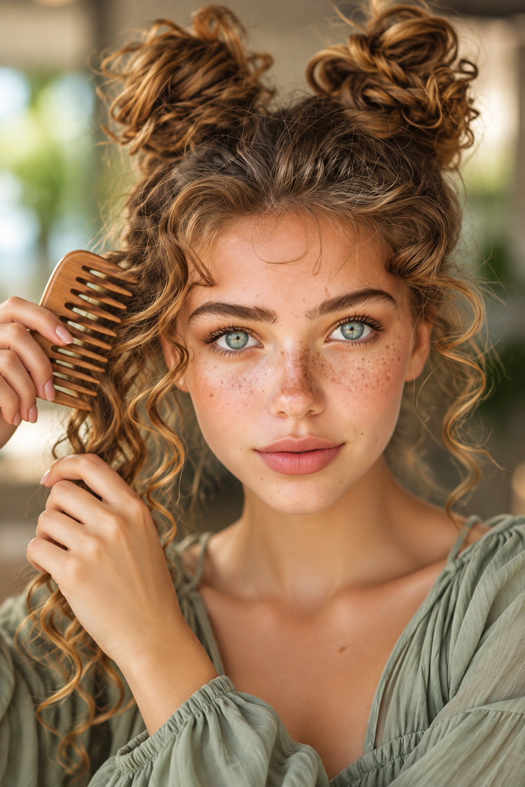 space buns hairstyle ideas: use a wide-tooth comb