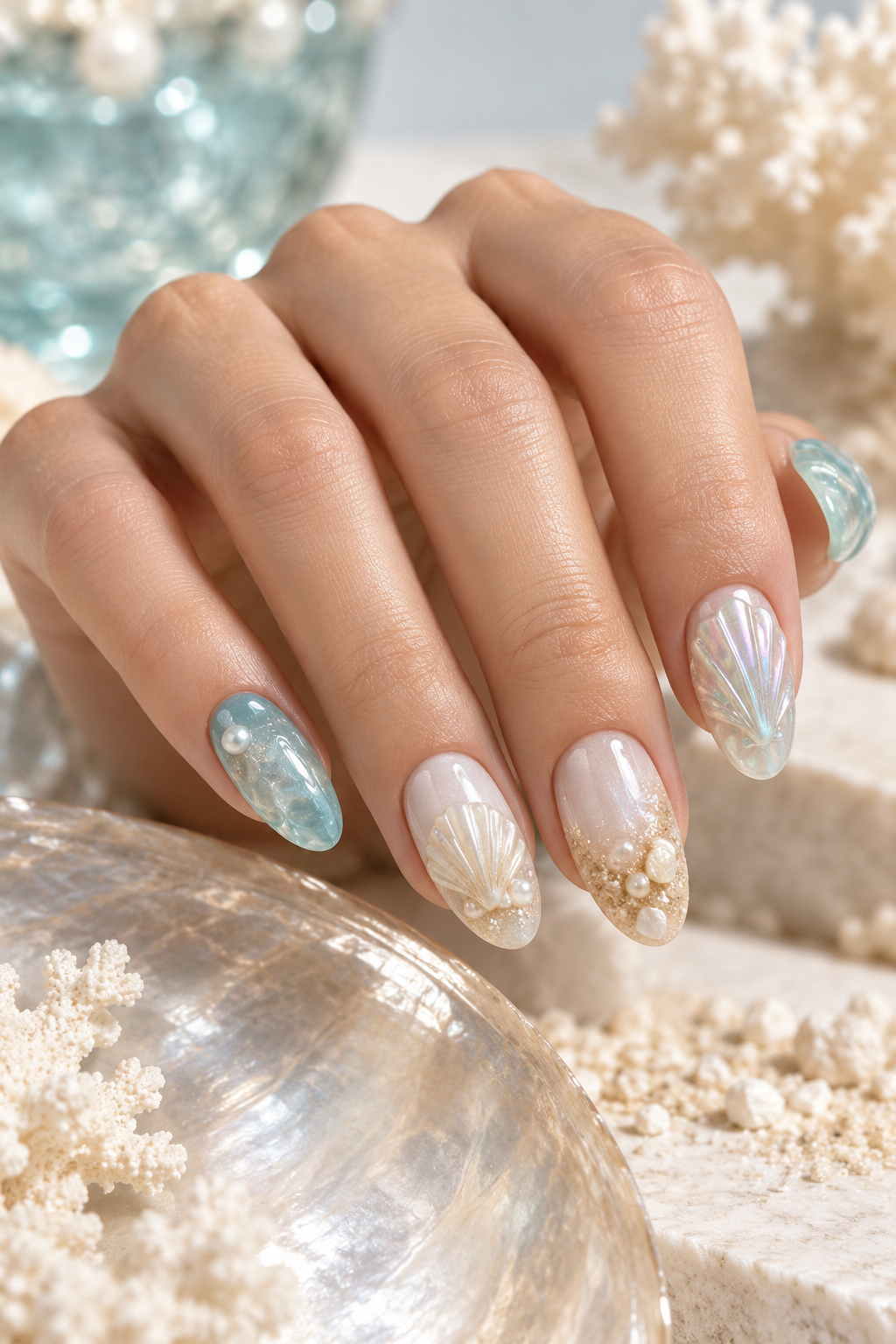Sea Glass Tips seashell nail art idea
