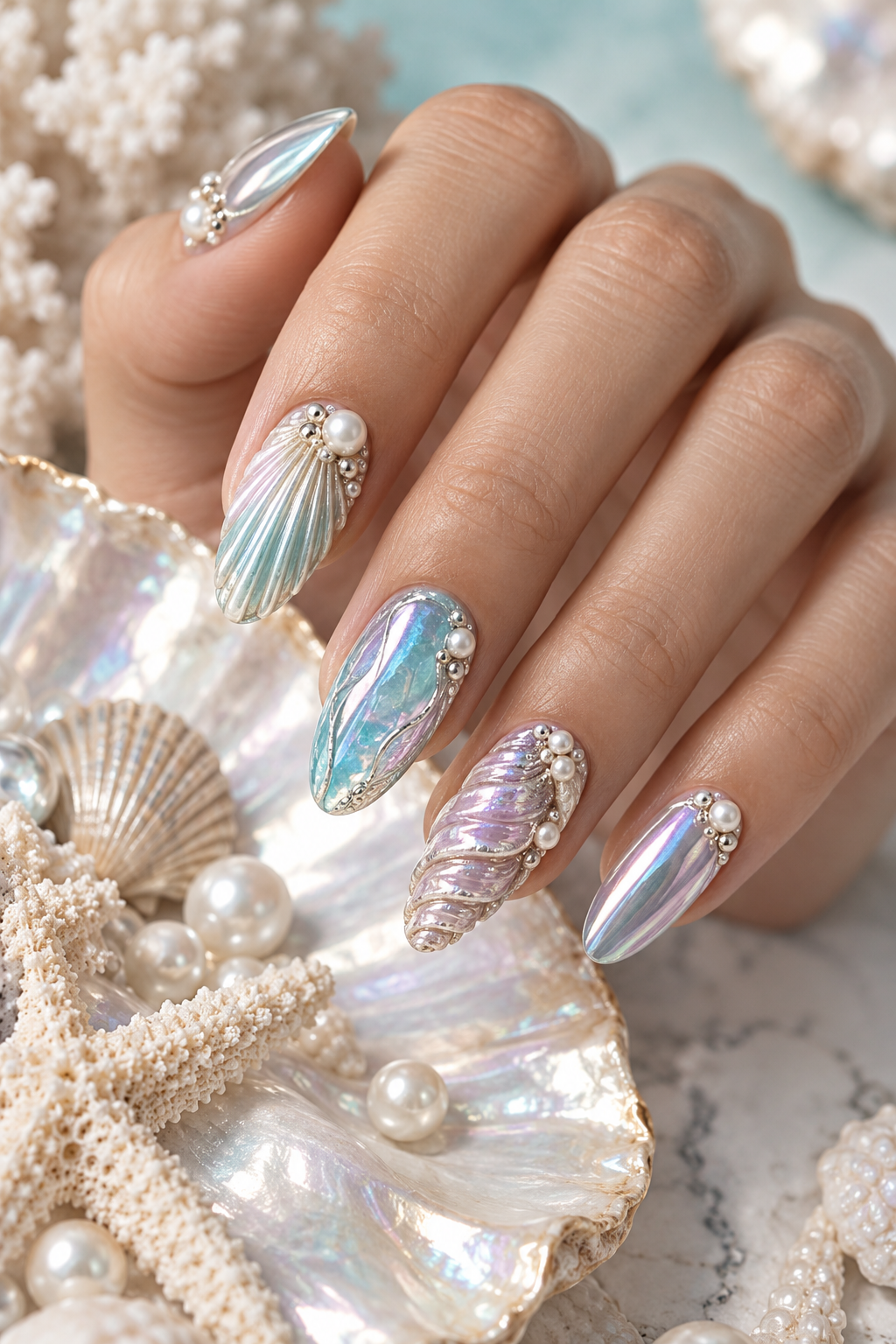 Metallic Mermaid seashell nail art idea