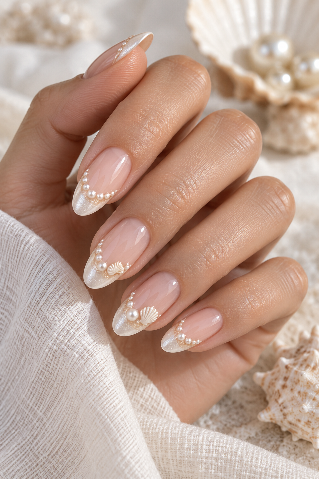 Pearl French Tips seashell nail art idea