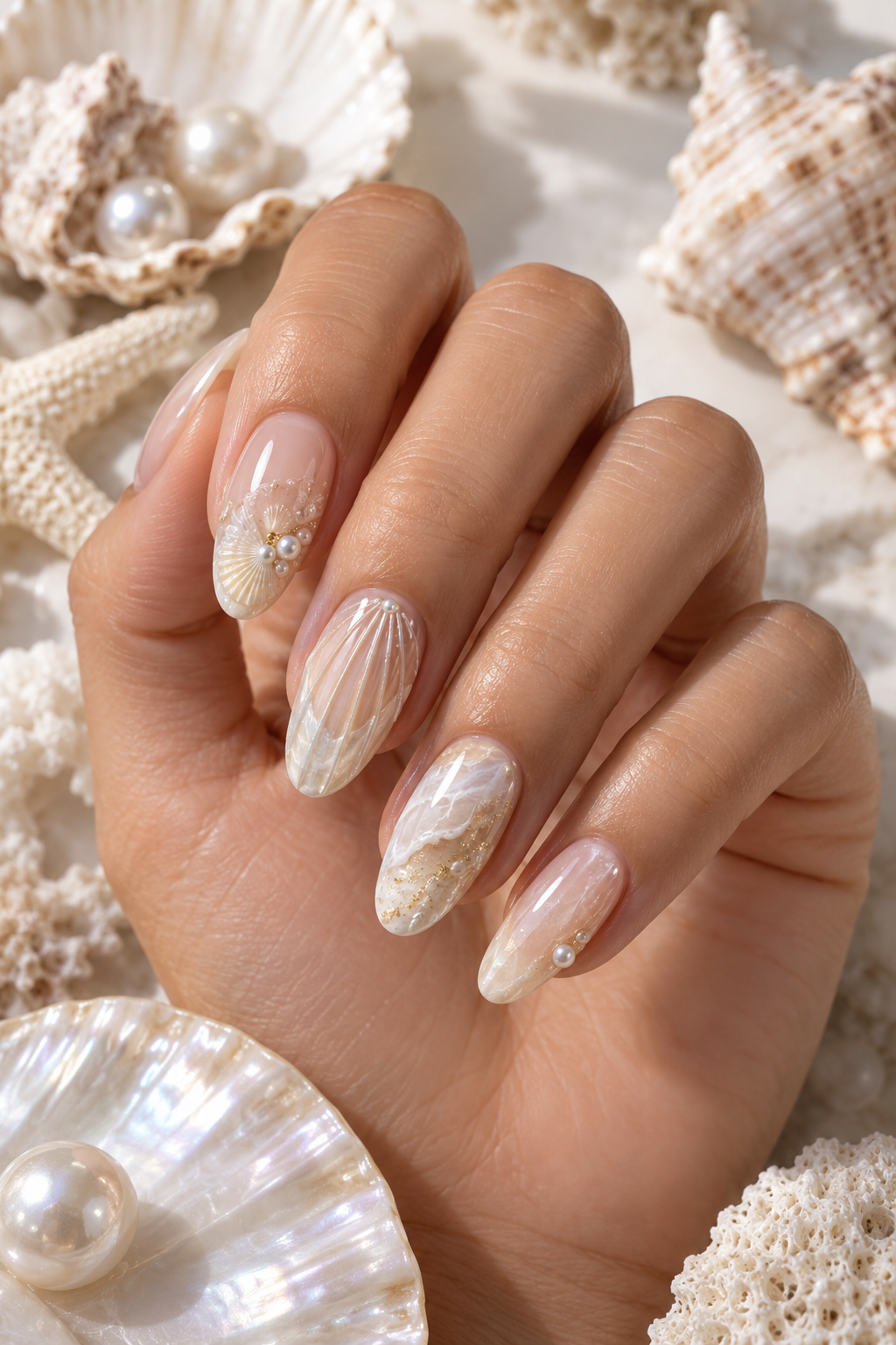 Neutral Texture seashell nail art idea