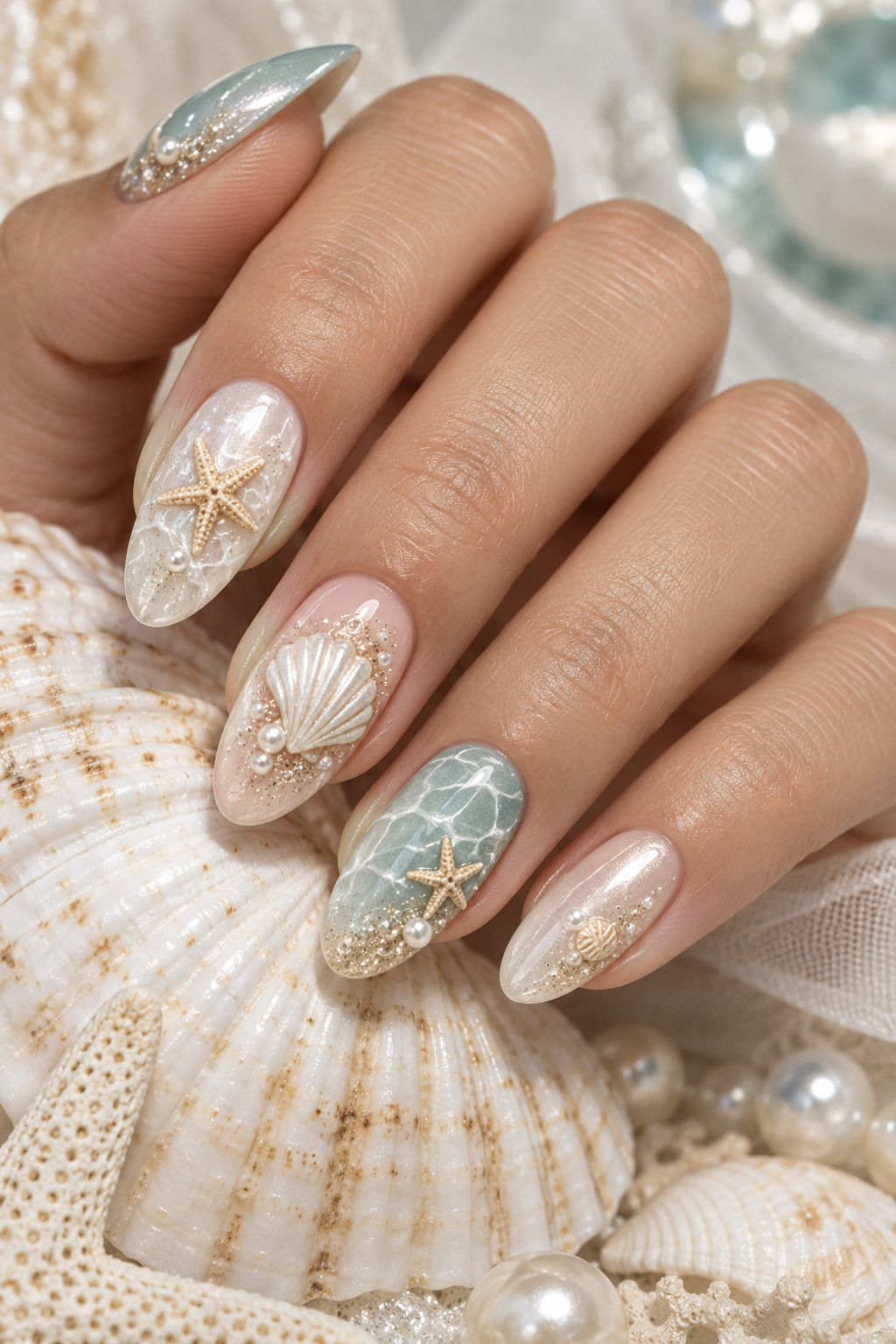 Coastal Starfish seashell nail art idea