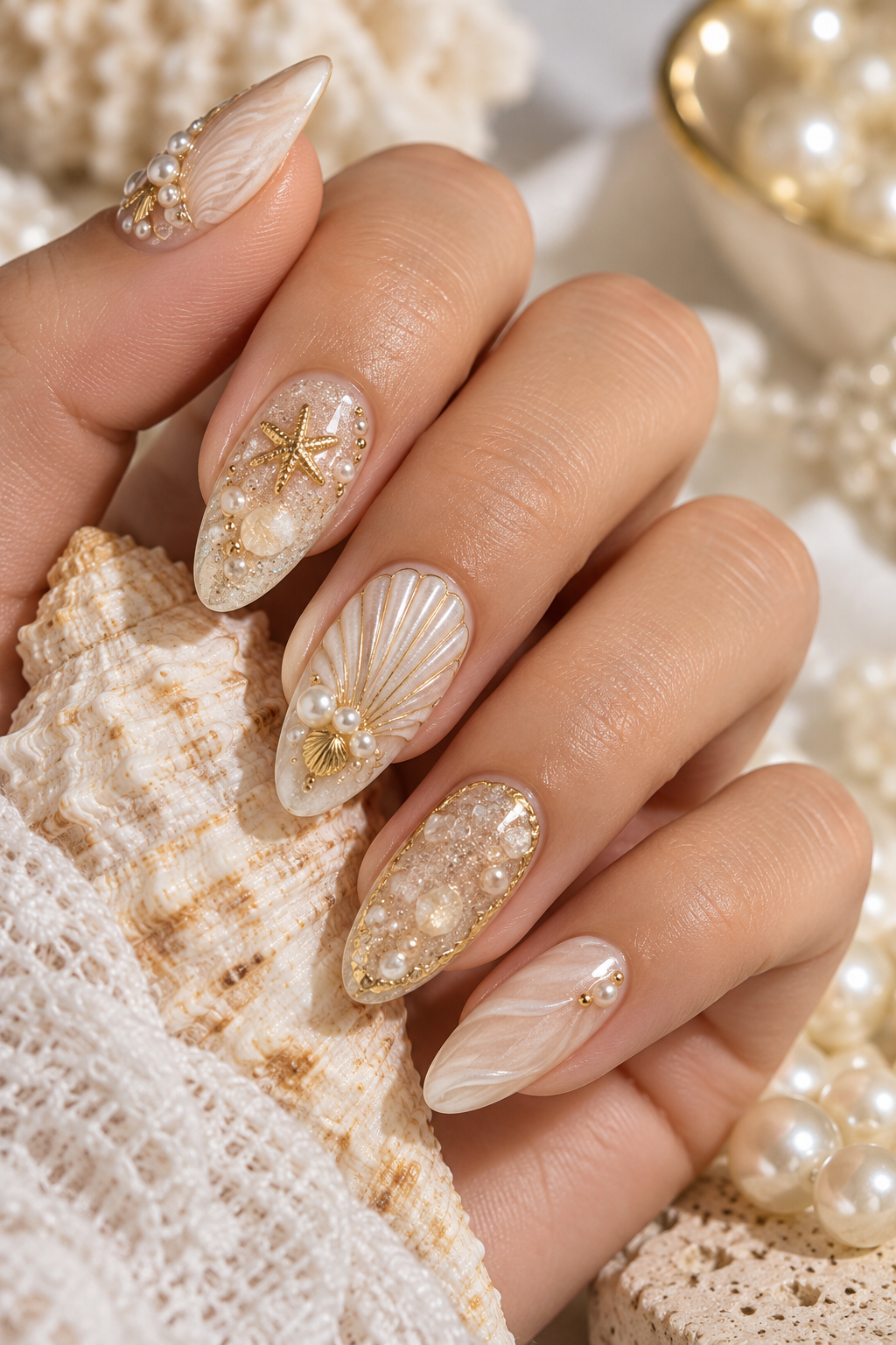 Gold Shell Accents seashell nail art idea