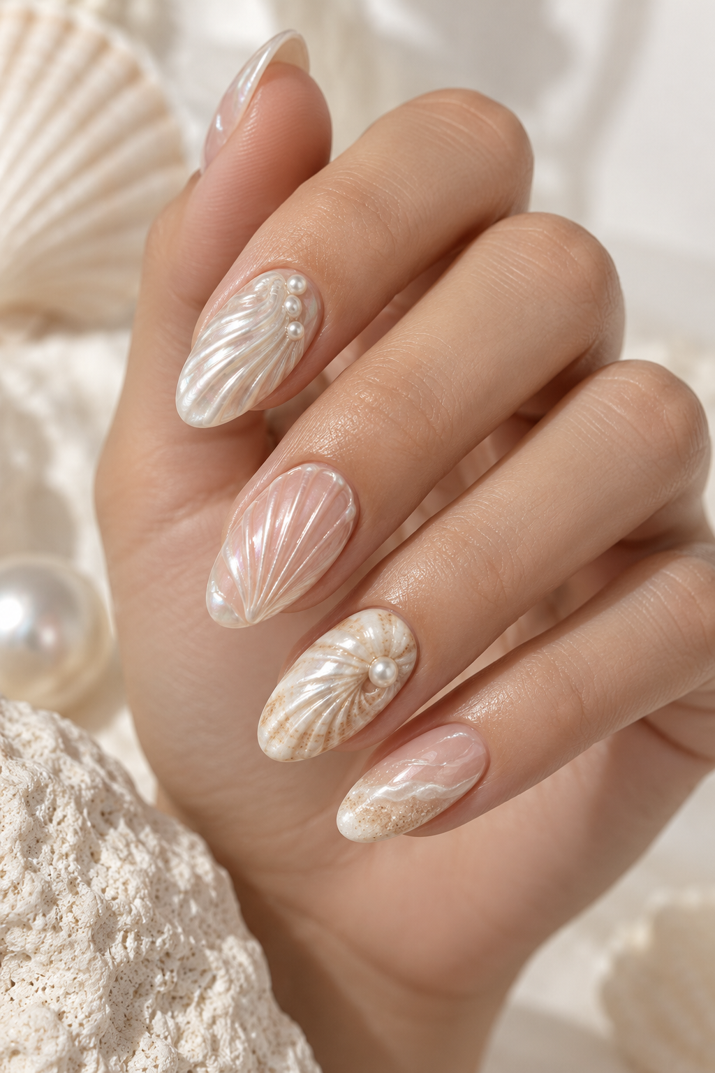 Soft Pearl Finish seashell nail art idea