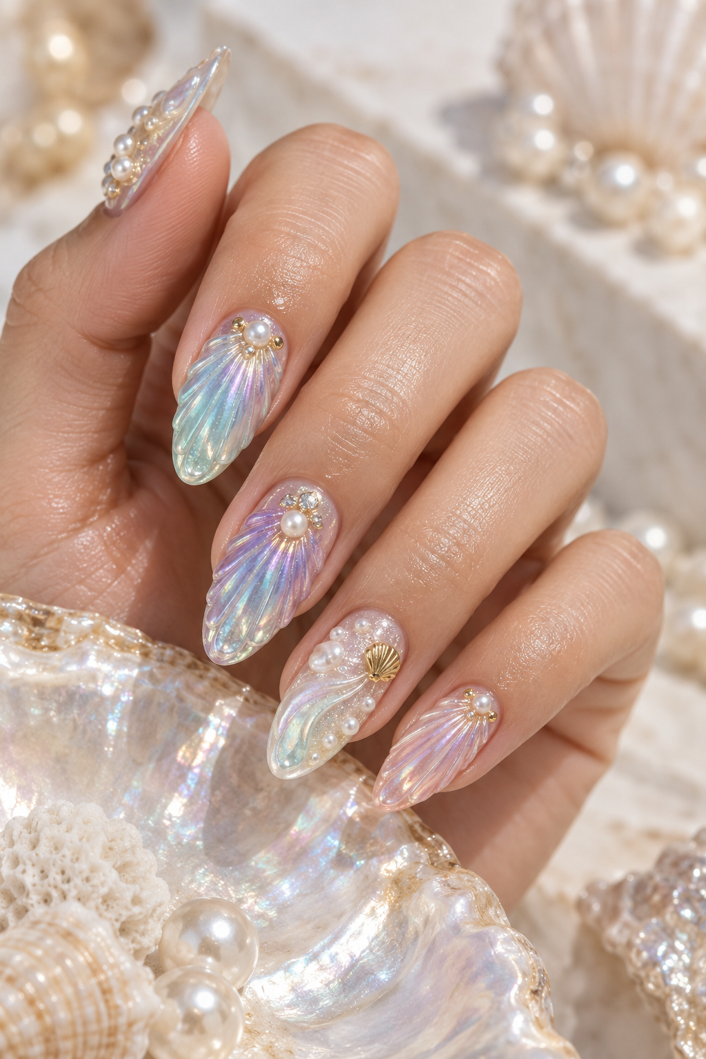 Iridescent Mermaid seashell nail art idea