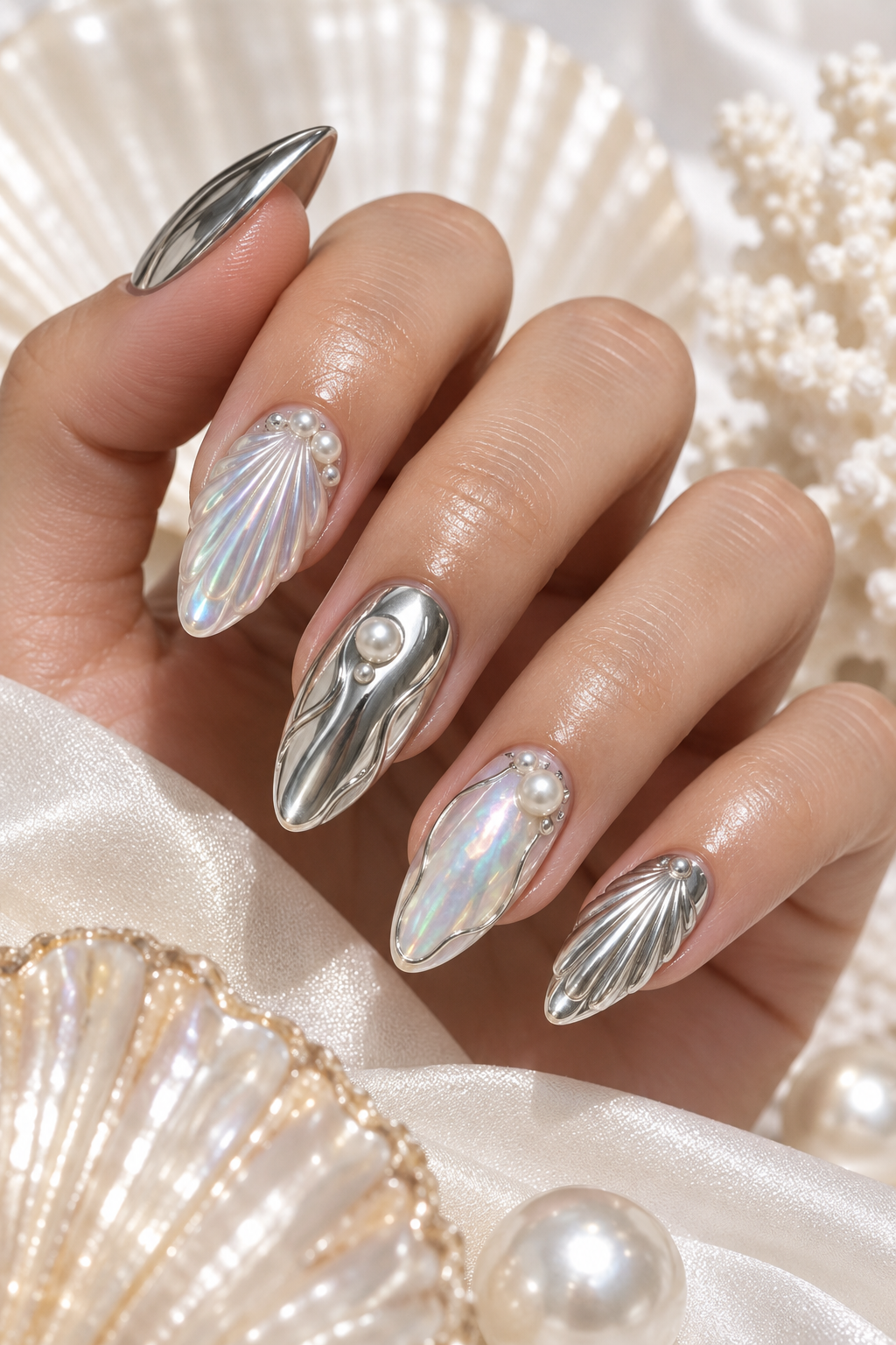 Bold Chrome seashell nail art idea