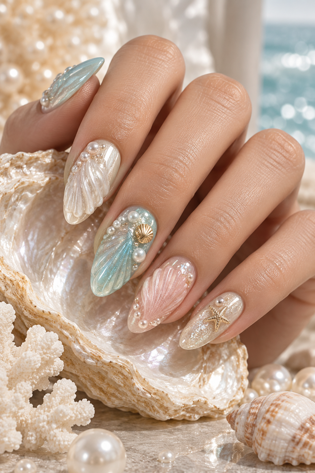 Three-Dimensional Mermaid seashell nail art idea