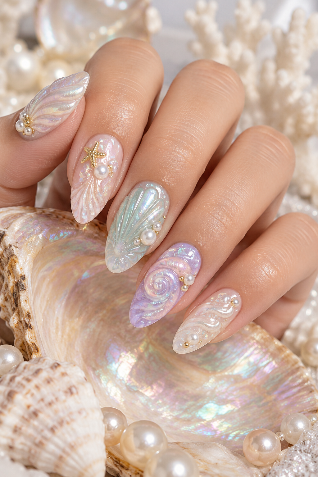 Pastel Fantasy seashell nail art idea