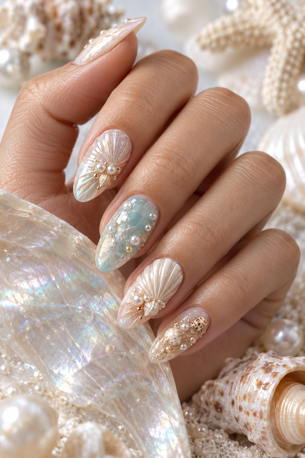 Deep Sea Treasures seashell nail art idea