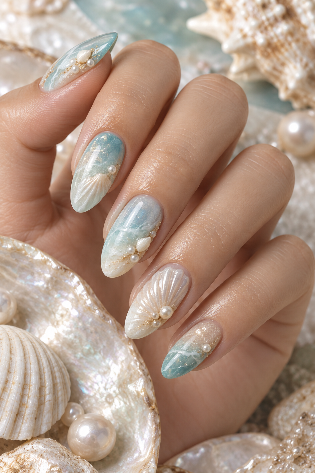 Oceanic Ombre seashell nail art idea