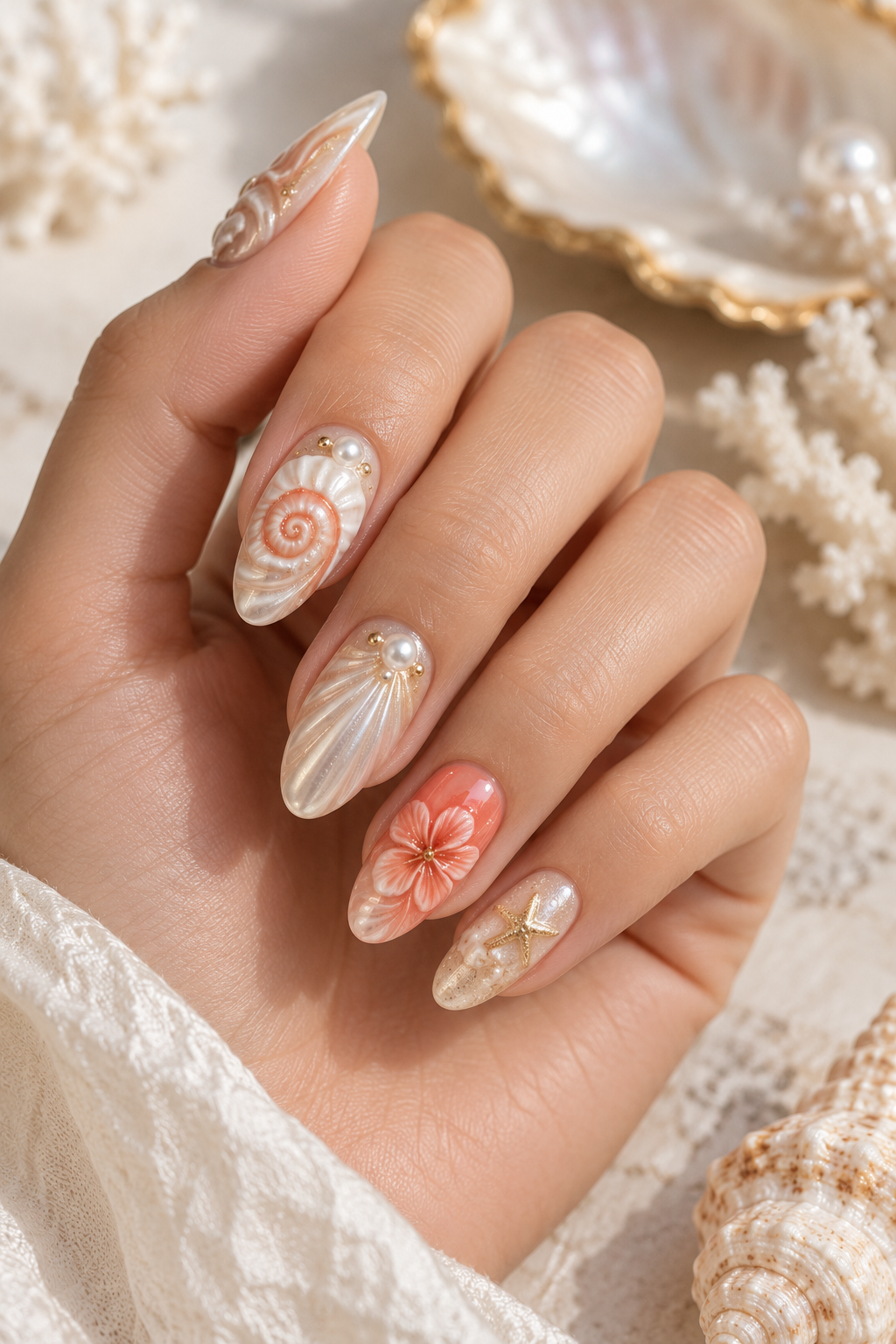 Tropical Twist seashell nail art idea
