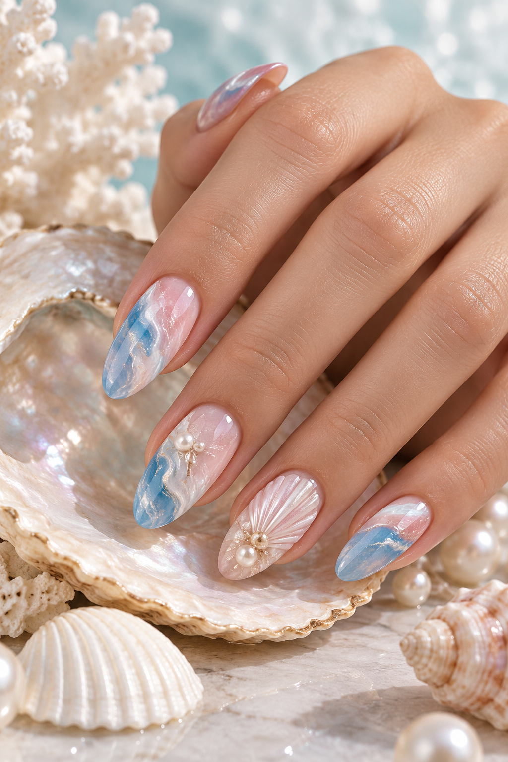 Pink and Blue Marble seashell nail art idea