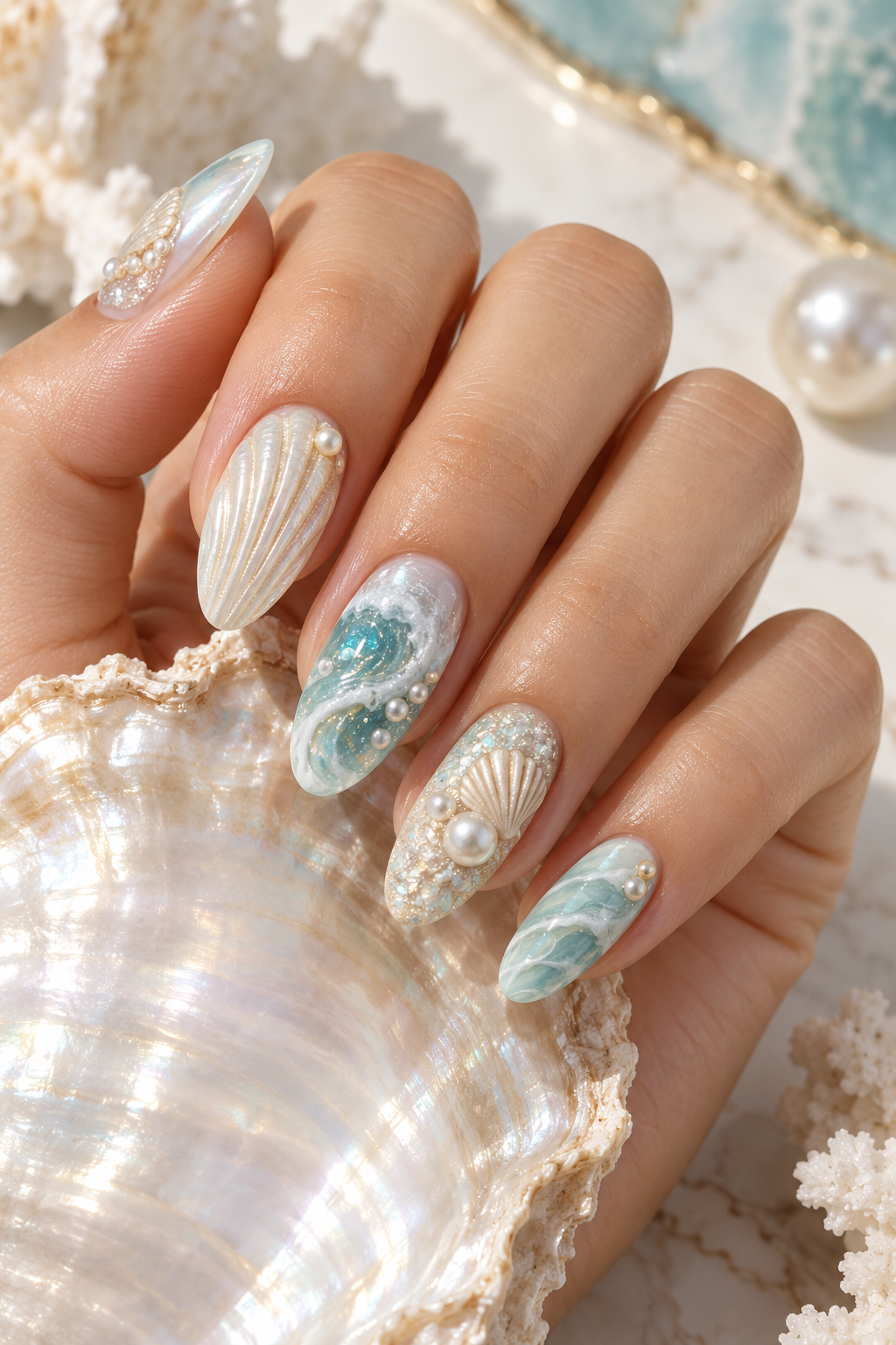 Ocean Waves seashell nail art idea
