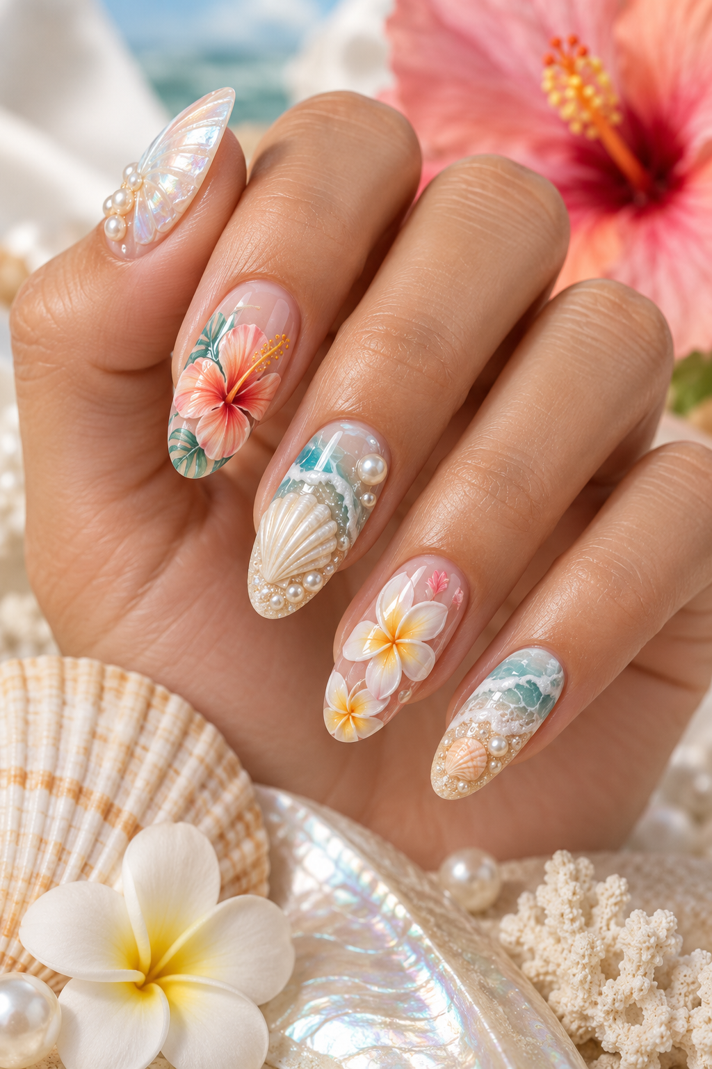 Tropical Blooms seashell nail art idea