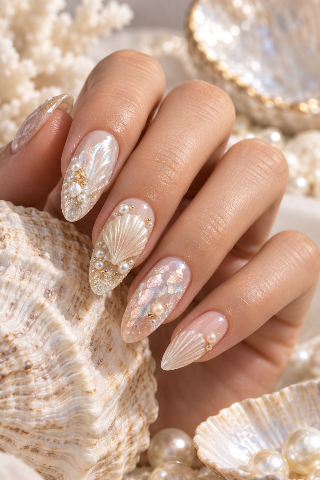 Three-Dimensional Accent seashell nail art idea