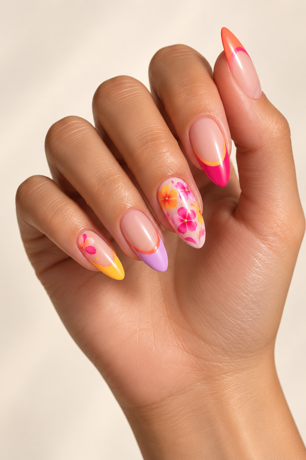 Bright Floral Frenchies summer almond nail idea