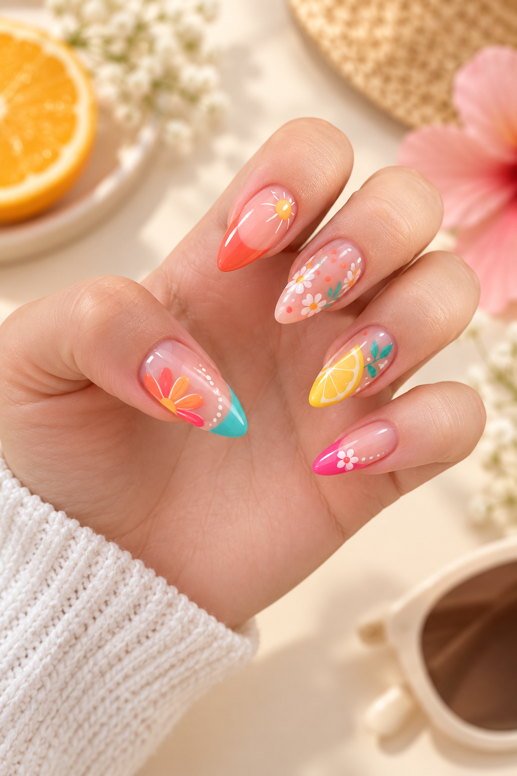 Sweet Strawberry Accents summer almond nail idea