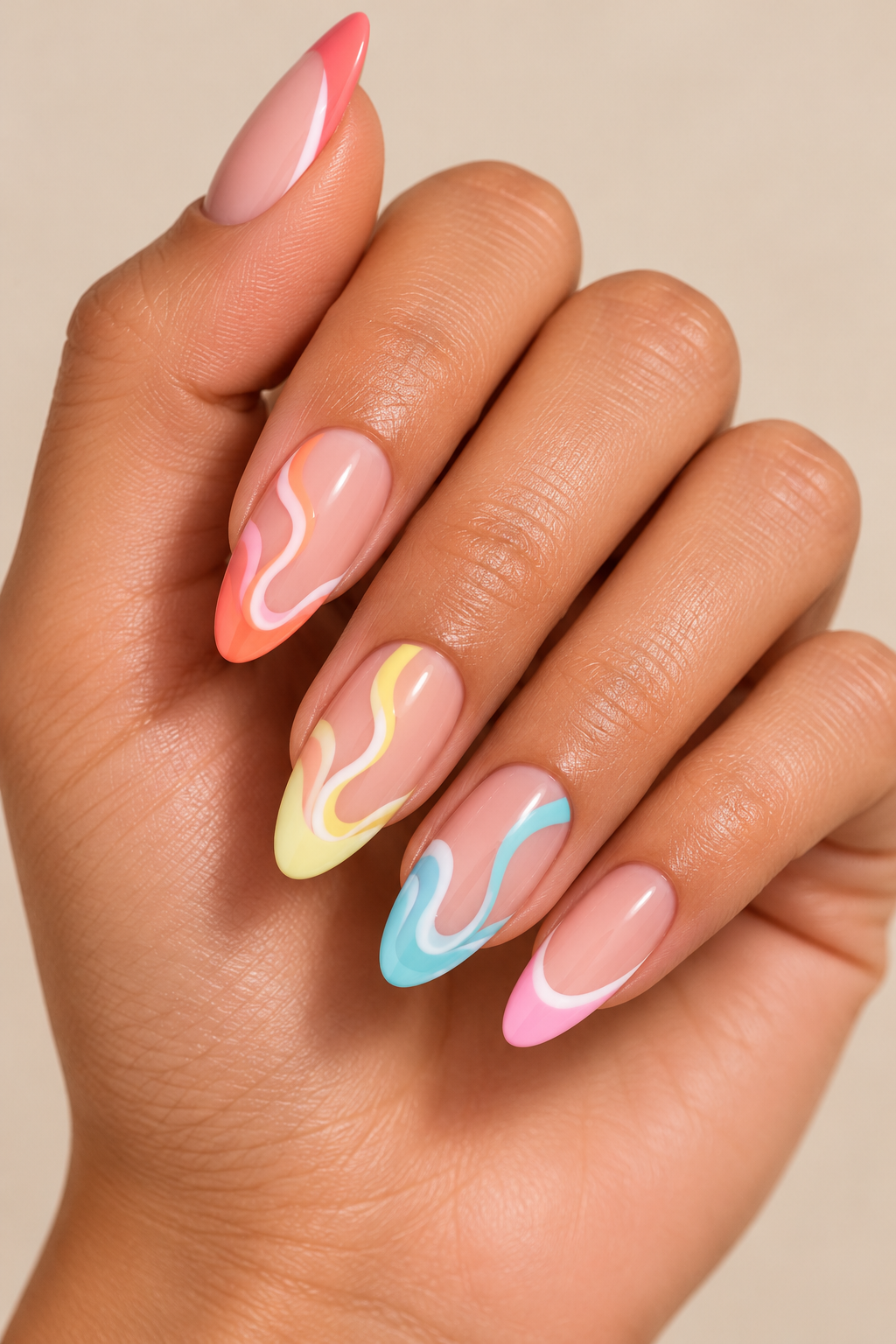 Pastel Swirls summer almond nail idea