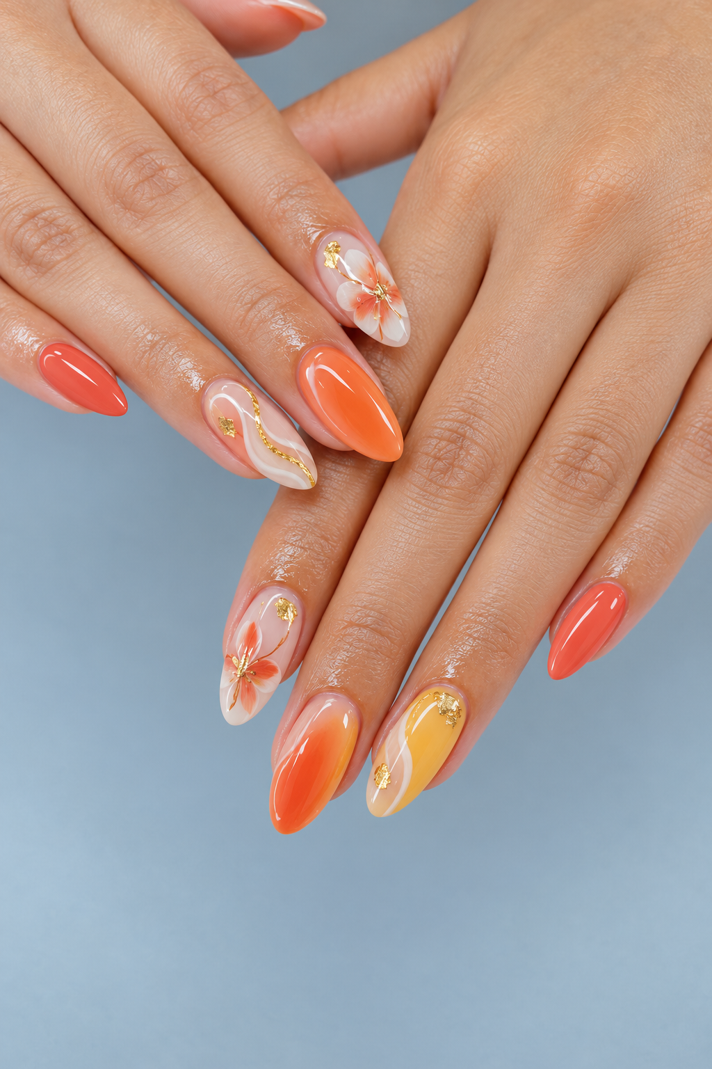 Amber Florals and Gold Lines summer almond nail idea