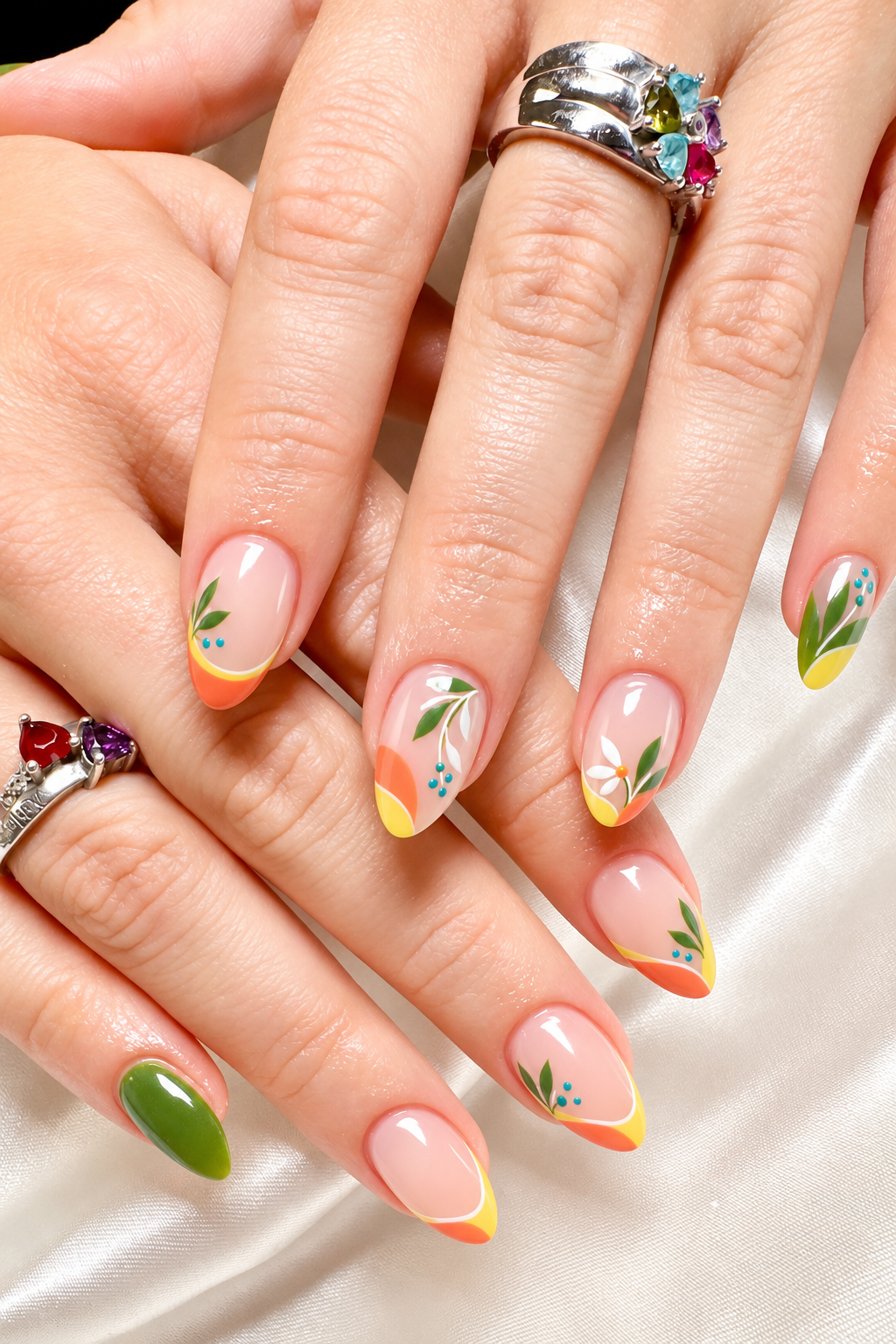 Pink and Olive Daisy Almonds summer almond nail idea