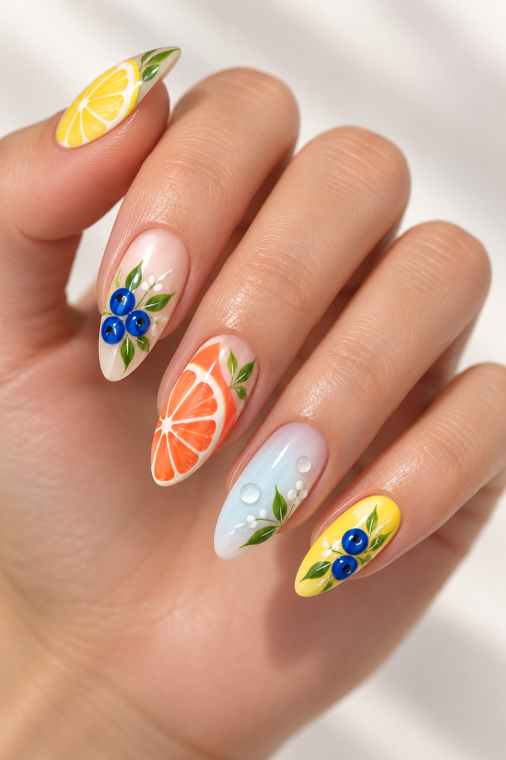 Citrus and Blueberry Art summer almond nail idea