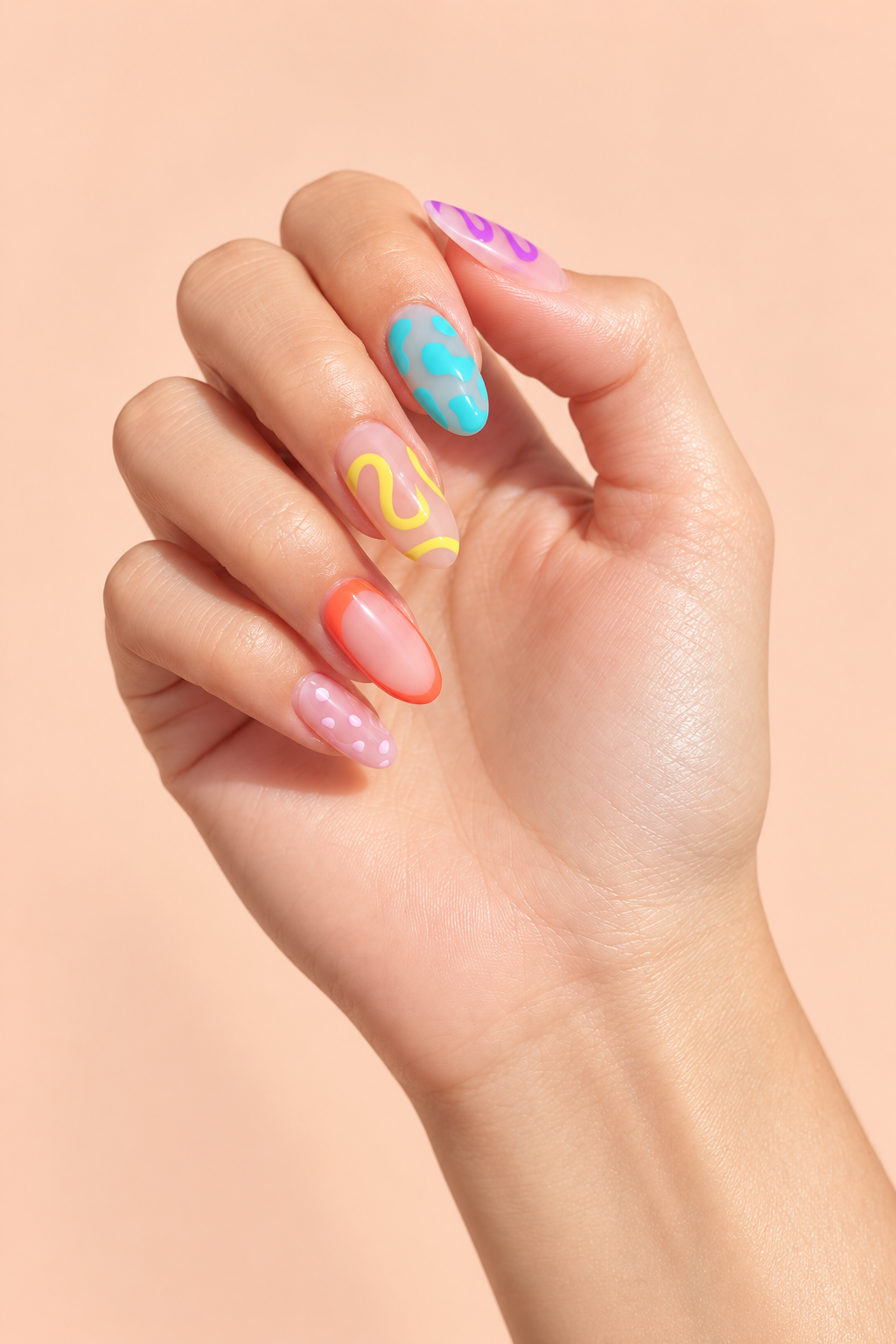 Vibrant Neon Abstract Tips summer almond nail idea